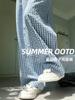 Pantalones de Cuadros Azules Vintage Verano 2025 Nuevo Cintura Alta Recto Caído Casual Textura Yamamoto Pierna Ancha Pantalones de Mujer