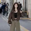Chaqueta corta con capucha y cremallera versátil estilo coreano para mujer, nueva colección otoño 2026, corte holgado, adelgazante, moderna y rejuvenecedora