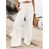 Calças pantalona de cintura alta para mulheres, calças compridas casuais finas e largas de verão, calças estilo férias na praia estampadas de cor sólida