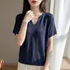 26 Verão Novo Tencel + Linho Gola V Fina Manga Curta Camiseta para Mulheres Toque de Luxo Manga Meia Versátil Top Malha