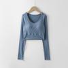 Camiseta Base Manga Larga con Almohadilla en el Pecho Copas Integradas Cuello en V Para Usar por Fuera Ropa Interior Moda Top Elástico Combinable