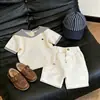 Ropa Infantil Estilo Coreano 2026 Verano Nuevo Rayas Cuello Marino Tejido Fino Manga Corta Versátil Casual Pantalones Cortos Modernos