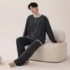 Algodón LyocellPijama para Hombre Primavera y Otoño Manga Larga Pantalón Largo Conjunto Casual Sencillo Se Puede Usar Fuera de Casa Ropa de Hogar Invierno
