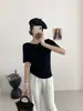 Estilo Verano Hombros Descubiertos Seda de Hielo Manga Corta Tejido Top para Mujer Delgado Camiseta Ajustado Versátil Camisa Base Top