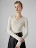 Top Feminino Base Layer Shima Seiki Sem Costura Peça Única Lã Pura Gola V Slim Fit 1124-146