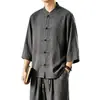 2026 Estilo Nuevo Camisa de Manga Tres Cuartos para Hombre Estilo Chino Color Sólido Imitación Lino Cuello Alto Traje Tang Camisa Casual para Hombre