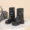 Botas de montaria de salto alto com bico redondo, tamanho 34-45, transfronteiriças, com plataforma impermeável, sola grossa, salto quadrado, para calçar sem cadarço, botas femininas leves de cano médio para outono e inverno