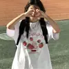 Camiseta feminina de algodão com manga curta, novo estilo popular do verão de 2026, solta e modeladora, camiseta de estudante, top feminino versátil de desenho animado do Instagram