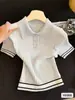 Polo Color Block Malha Manga Curta Design de Verão Botões Temperamento Redutor de Idade Emagrecedor Camisa Top