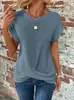 Camiseta de Color Puro con Cuello Redondo Nueva Transfronteriza Europea y Americana Elegante Top Retorcido de Manga Corta Ropa para Mujer de Primavera y Verano 2024