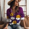 Camisa Criativa de Abóbora para Halloween Nova Moda Feminina Estampa Digital 3D Camisa de Botão de Manga Longa