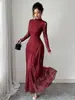Vestido de Festa Longo de Renda Outono e Inverno para Comércio Exterior Europeu e Americano, Gola Semi-Alta Manga Longa Emagrecedor Valorizador Barra Larga