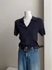 Polo de Alta Qualidade Tricotado de Manga Curta Feminino Verão Novo Top de Seda Gelo Slim Lapela Curta Ombro Direito Camiseta
