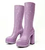 Botas Europeias e Americanas para Comércio Exterior Bico Fino Camada Dupla Impermeáveis Plataforma Salto Grosso Meio da Panturrilha Botas de Performance Show Moda Mangas Botas para Panturrilha Femininas