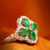 Trébol de Cuatro Hojas de la Suerte Esmeralda Simulada Juego de Pendientes Anillo Collar Joyería Elegante de Piedras Preciosas de Color Turmalina Verde