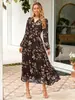 Vestido de Mujer Estilo Étnico Europeo Otoño Cuello en V Mangas Largas Abullonadas Bohemio Holgado en Capas Cintura Alta Línea A Floral