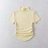 Camiseta de verano para mujer, dulce y fresca, con pliegues laterales, cuello alto, color liso, corte entallado, manga corta con el ombligo al descubierto