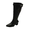 Botas de Inverno 2025 Novas Camurça Bico Fino Acima do Joelho Fivela de Cinto Tamanho Grande Dobradas Salto Médio Botas de Cavaleiro para Mulheres