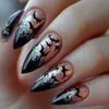 Unhas Wearable Halloween Formato Amêndoa Borda Francesa Preta Decoração Padrão Morcego com Glitter Removível Patch de Unha Postiça