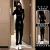 Traje Casual de Moda Europea para Mujer 2025 Primavera y Otoño Nuevo Negro Adelgazante Leggings para Correr Conjunto de Dos Piezas
