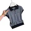 Top de manga corta a rayas con cuello camisero estilo mamá joven para verano 2026 para mujeres de mediana edad y mayores, elegante camiseta de talla grande