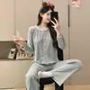 Pijama para Mujer para Primavera y Otoño, 6535 Algodón Encaje Manga Larga Dulce Floral Casual Conjunto de Ropa de Casa para Mujer, Adecuado para Usar Afuera
