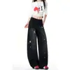 Calça jeans feminina wide leg com estampa de estrelas pretas, novo estilo outono, design único, corte solto, lavada, comprimento total