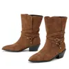 Botas de moda de otoño e invierno transfronterizas de media pantorrilla, zapatos de slip-on de color liso talla grande, tacones altos ligeros versátiles de punta fina