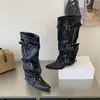 Botas nuevas de diseño simple de pierna larga, botas negras de tacón grueso con pliegues de tubo alto y punta fina apiladas para mujer