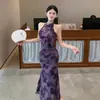Comercio Exterior Ropa de Mujer 2025 Verano Nuevo Estilo Nuevo Estilo Chino Mejorado Vestido Cheongsam para Mujer con Terciopelo Floral Malla Elástica Cola de Pez