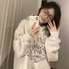 Moletom com capuz branco-cinza para mulheres, novo estilo popular primavera e outono 2026, estilo solto americano high street, outono e inverno, com forro de fleece, peça superior espessa