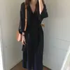 2026 Casaco Trench Coat Feminino Longo de Cor Sólida, Gola Lapela, Slimming, Ajuste Solto, Acima do Joelho, Proteção Solar