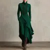 Vestido Longo Feminino Tamanho Europeu 2025 Site Independente da Amazon Primavera e Outono Cor Sólida Manga Longa Cruzado Gola Alta