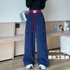 Calça Jogger Esportiva Casual Bordada Patchwork Retrô Americana para Mulheres Outono 2025 Nova Larga Reta Wide-Leg Cargo