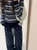 Chaqueta Suéter Jacquard de Dibujos Animados Azul Marino para Mujer 2026 Nuevo Otoño e Invierno Retro Fair Isle Cardigan Tejido Superior Moderno
