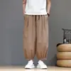 Calça de nove pontos estilo chinês, soltinha, calça casual de seda gelada para homens, estilo perna larga, tamanho grande 2026, calça lanterna leve de verão para homens altos e corpulentos