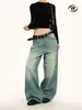 Jeans Lavados Azules Estilo Retro Americano Yongfang para Hombres y Mujeres, Holgados Desconstruidos con Empalmes Bigotes, Pantalones de Pierna Ancha Scimitar Modernos Desgastados
