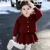 Conjunto de Suéter para Niña Otoño e Invierno Nuevo Estilo Falda de Punto para Bebé con Lazo Estilo Coreano Suéter Vestido de Moda Tendencia