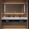 Lavabo Cerámico Sin Costuras Curvado en Caliente con Encimera de Roca Estilo Hotel de Lujo Ligero con Juego de Gabinete de Baño Separado y Lavabo