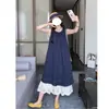 Vestido Azul para Mujer Verano 2025 Nuevo Estilo Francés de Resort Femenino Encaje Empalmado Sin Mangas Vestido Chaleco