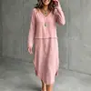 Moda Femenina Otoño 2026 Transfronteriza Europea y Americana Color Sólido Borde Deshilachado Patchwork Cuello en V Holgado Casual Vestido de Manga Larga para Mujer