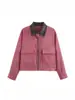 Otoño 2026 Nuevo Estilo Europeo y Americano Chaqueta de Pana con Parches y Cuello de Cuero Top con Cremallera Retro de Manga Larga