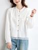 Encaje Bordado Costuras Plisadas Camisa de Manga Larga Artística Simple Dulce Linda Cuello Redondo Combinable Camisa de Manga Larga