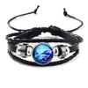 Pulseira de Corda de Couro com Pedra do Tempo de 12 Constelações Pulseira Trançada de Couro Bovino Retrô Doze Constelações Casal Estudo