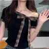 Playera Coreana Dulce con Hombros Descubiertos y Manga Corta para Mujer Verano Nueva Costuras en Color de Contraste Cuadros Lazo Look Adelgazante Top