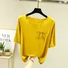 Camiseta modal estilo coreano com babados e cinco mangas para mulheres, fina de verão, com laço, manga média, modelagem solta, top base