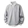Outono de 2026 Novo Estilo Americano High Street Camiseta de Moletom Falsa de Duas Peças com Gola Camisa Masculina Tamanho Grande Casual Manga Longa Top Polo