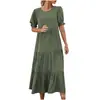 2026 Transfronterizo Europeo y Americano Amazon Verano Nuevo Estampado Color Sólido Cuello Redondo Moda Manga Corta Falda Acampanada Vestido Casual