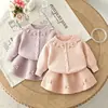 Conjunto de Suéter para Niña 2026 Nuevo Estilo Lazo Bloques de Color Cardigan Tejido Superior Conjunto de Suéter de Tres Piezas Primavera y Otoño