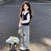 Elegante y a la moda chaleco dulce para niñas estilo coreano camisa con cuello de muñeca conjunto de pantalones vaqueros versátiles y modernos para llevar en capas